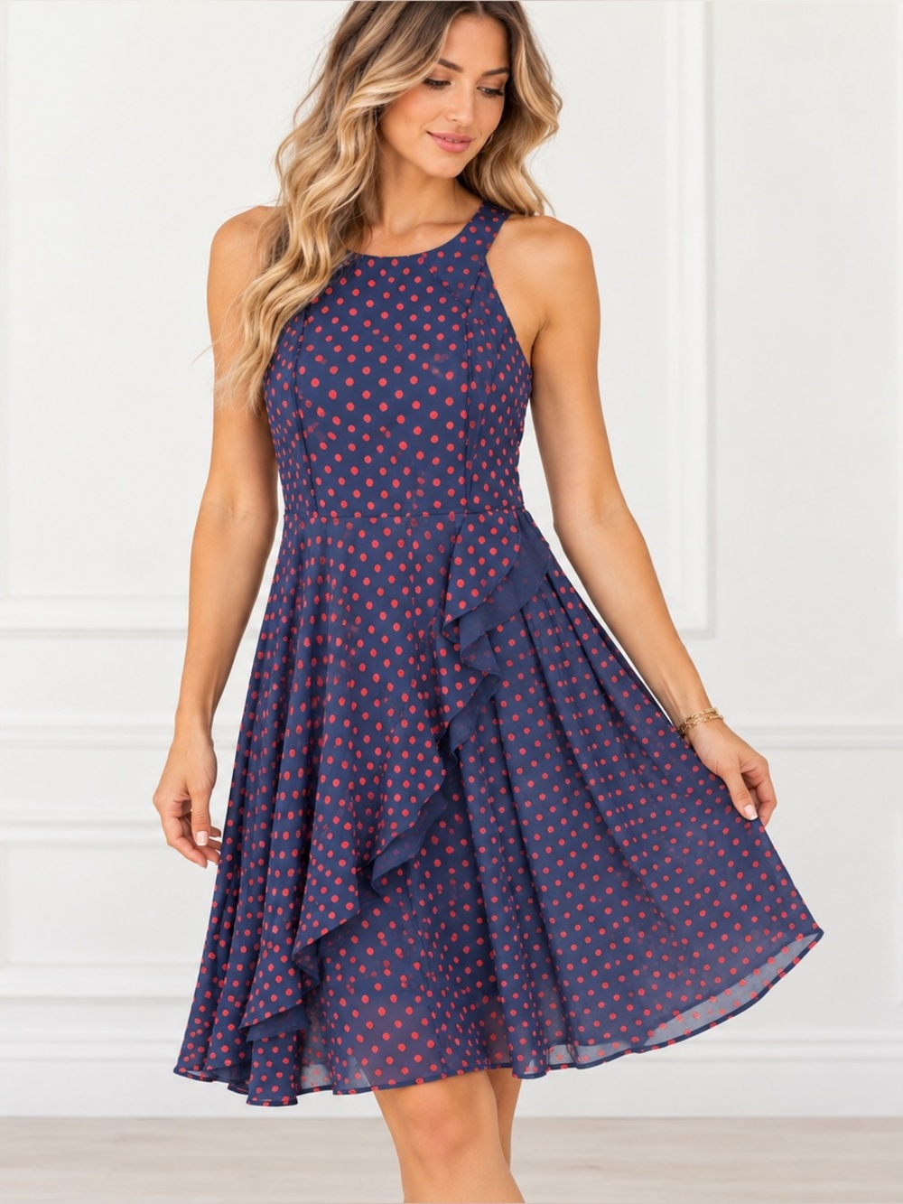 Eva Franco Navy Blue Red Polka Dot Ruffle Fit & Flare Dress Size 6